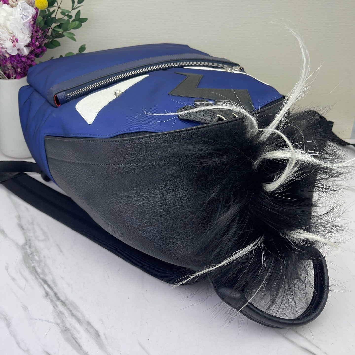 Fendi - Little Monster Backpack - Polyamide with leather and fur accents - Blue with Black and White - (Medium)