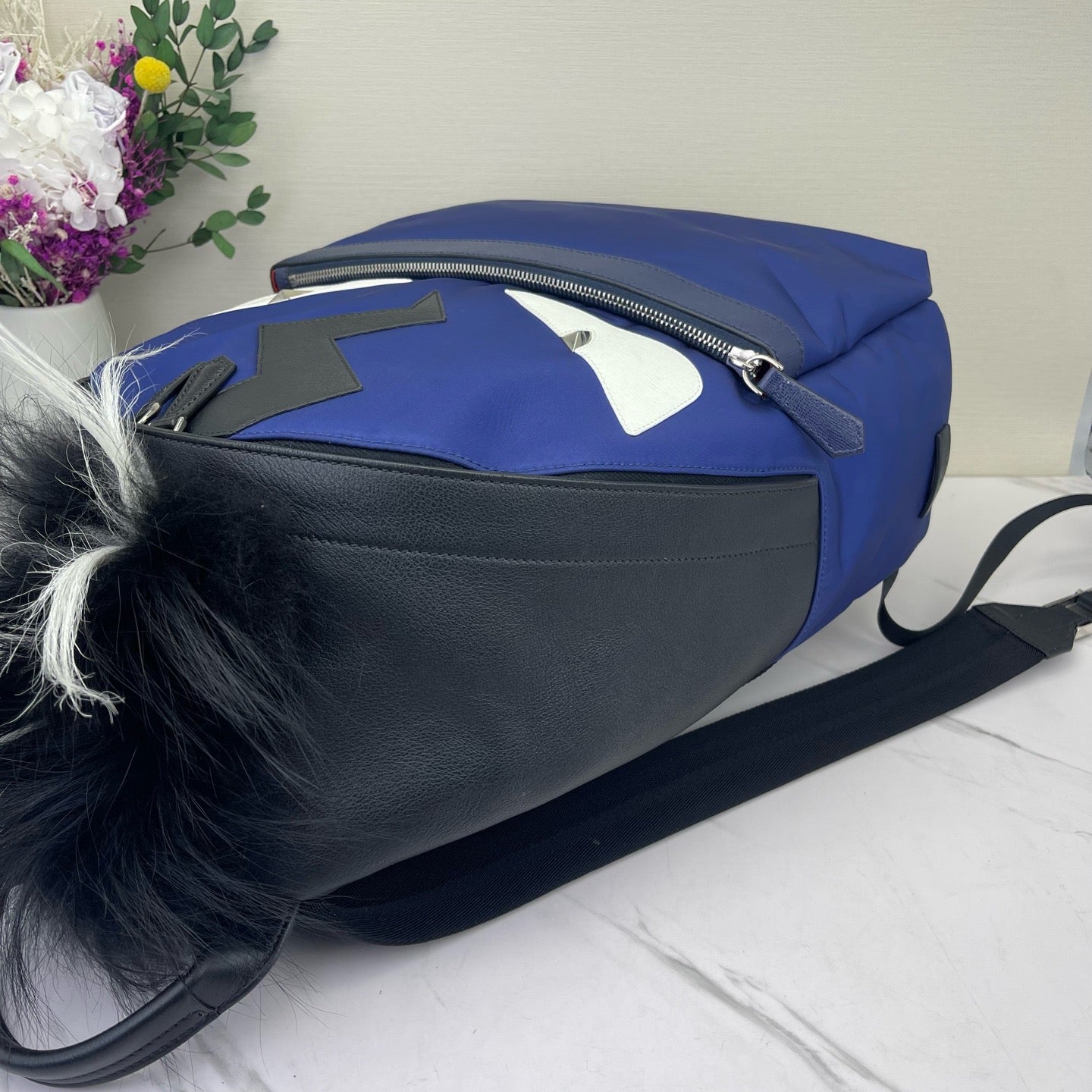 Fendi - Little Monster Backpack - Polyamide with leather and fur accents - Blue with Black and White - (Medium)