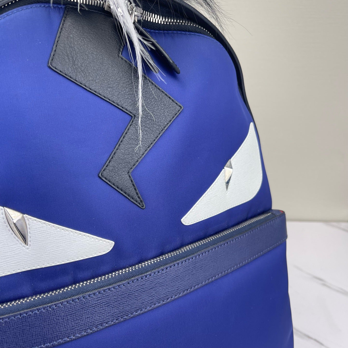 Fendi - Little Monster Backpack - Polyamide with leather and fur accents - Blue with Black and White - (Medium)