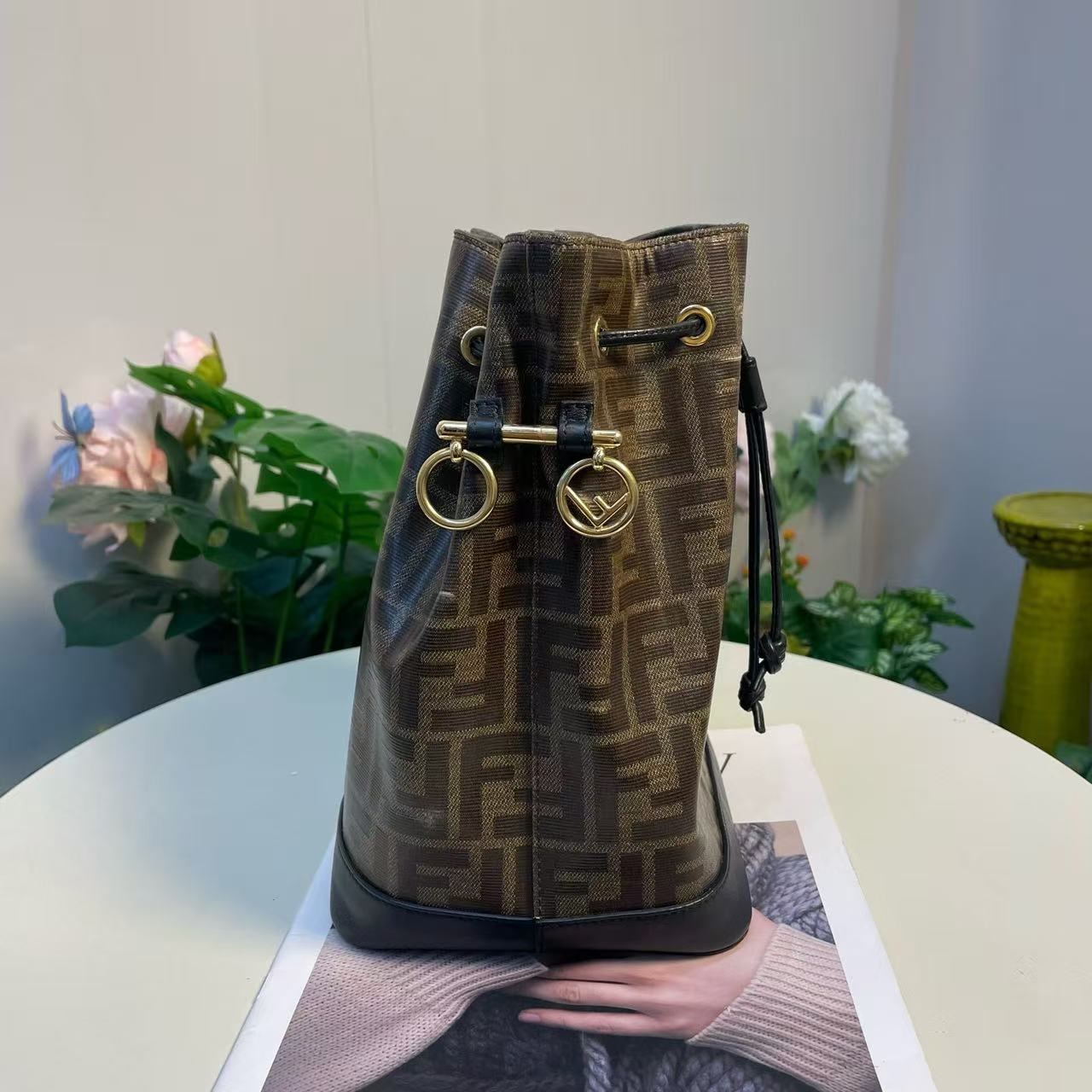 Fendi - Mon Tresor Bucket Bag - Coated canvas with leather trim - Brown with black accents and gold-tone hardware - (small)