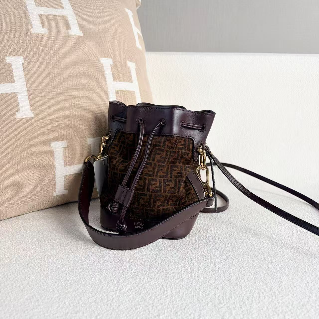 Fendi - Monogram Drawstring Bucket Bag - Suede and leather - Brown - (mini)