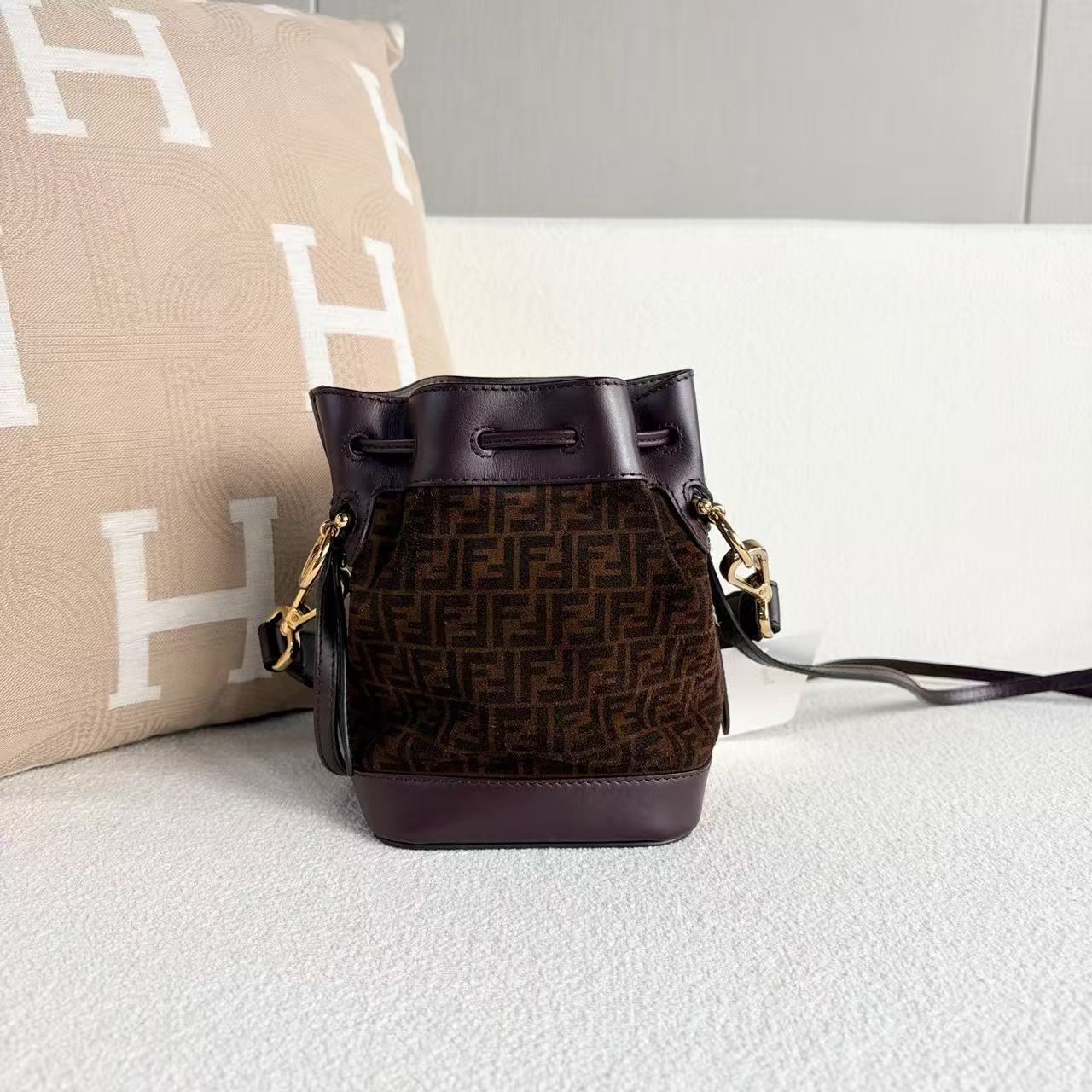 Fendi - Monogram Drawstring Bucket Bag - Suede and leather - Brown - (mini)