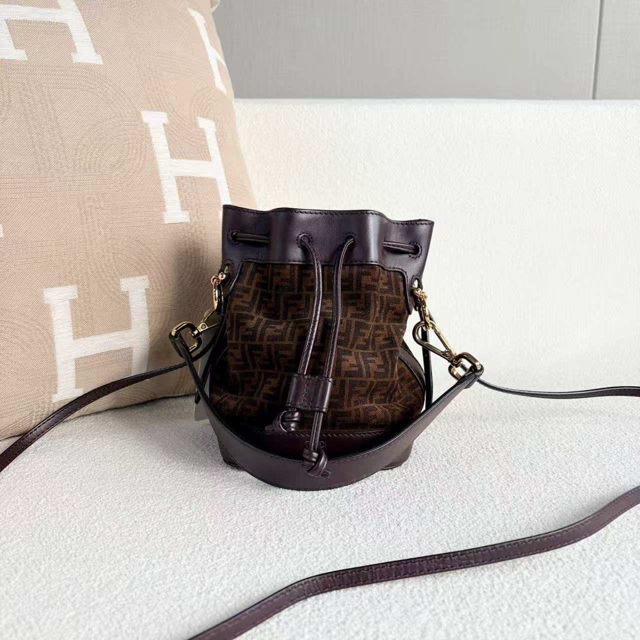 Fendi - Monogram Drawstring Bucket Bag - Suede and leather - Brown - (mini)
