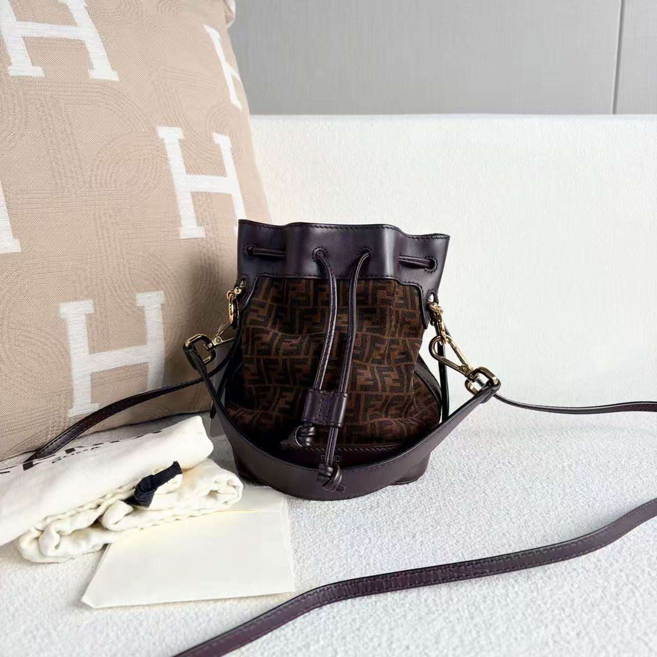 Fendi - Monogram Drawstring Bucket Bag - Suede and leather - Brown - (mini)