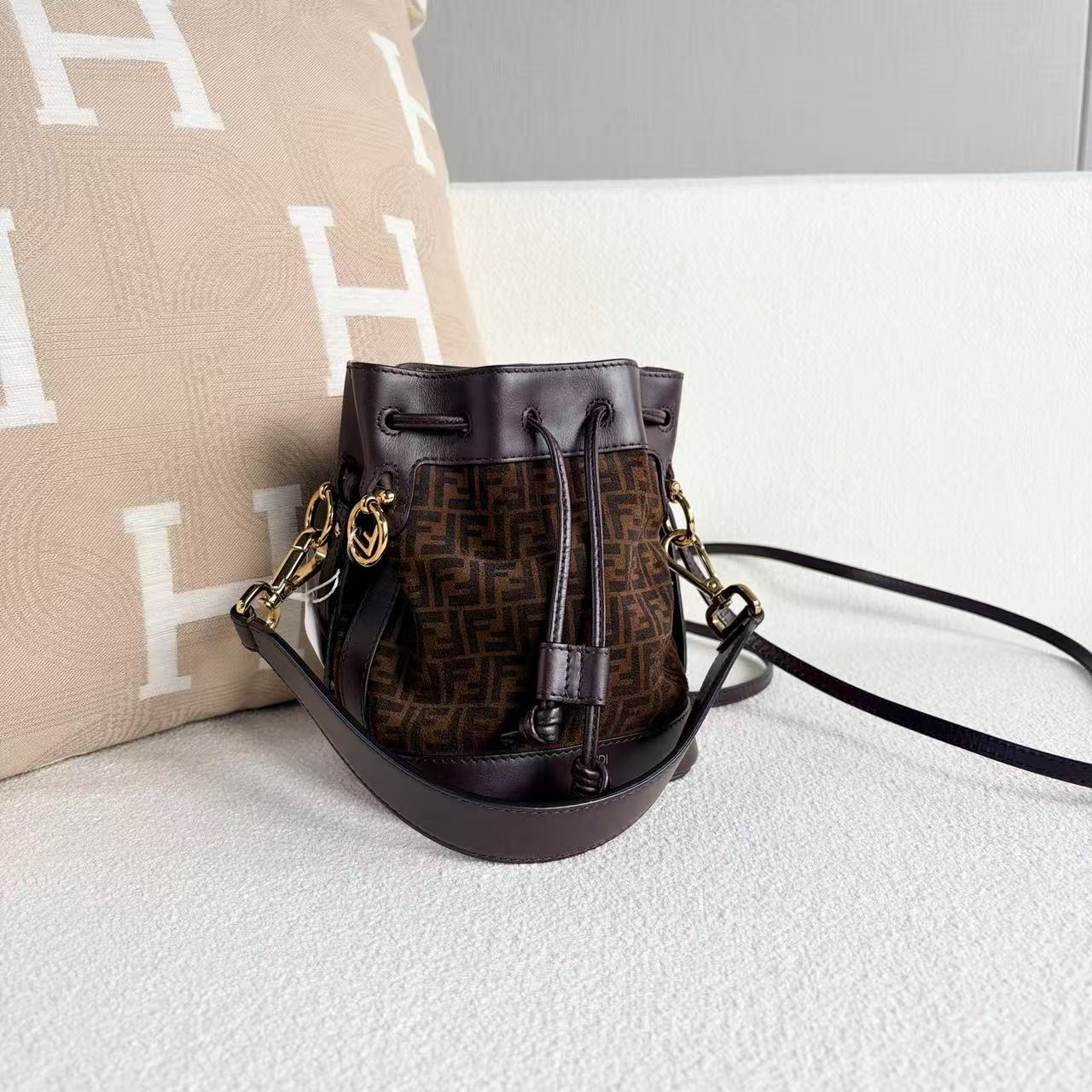 Fendi - Monogram Drawstring Bucket Bag - Suede and leather - Brown - (mini)