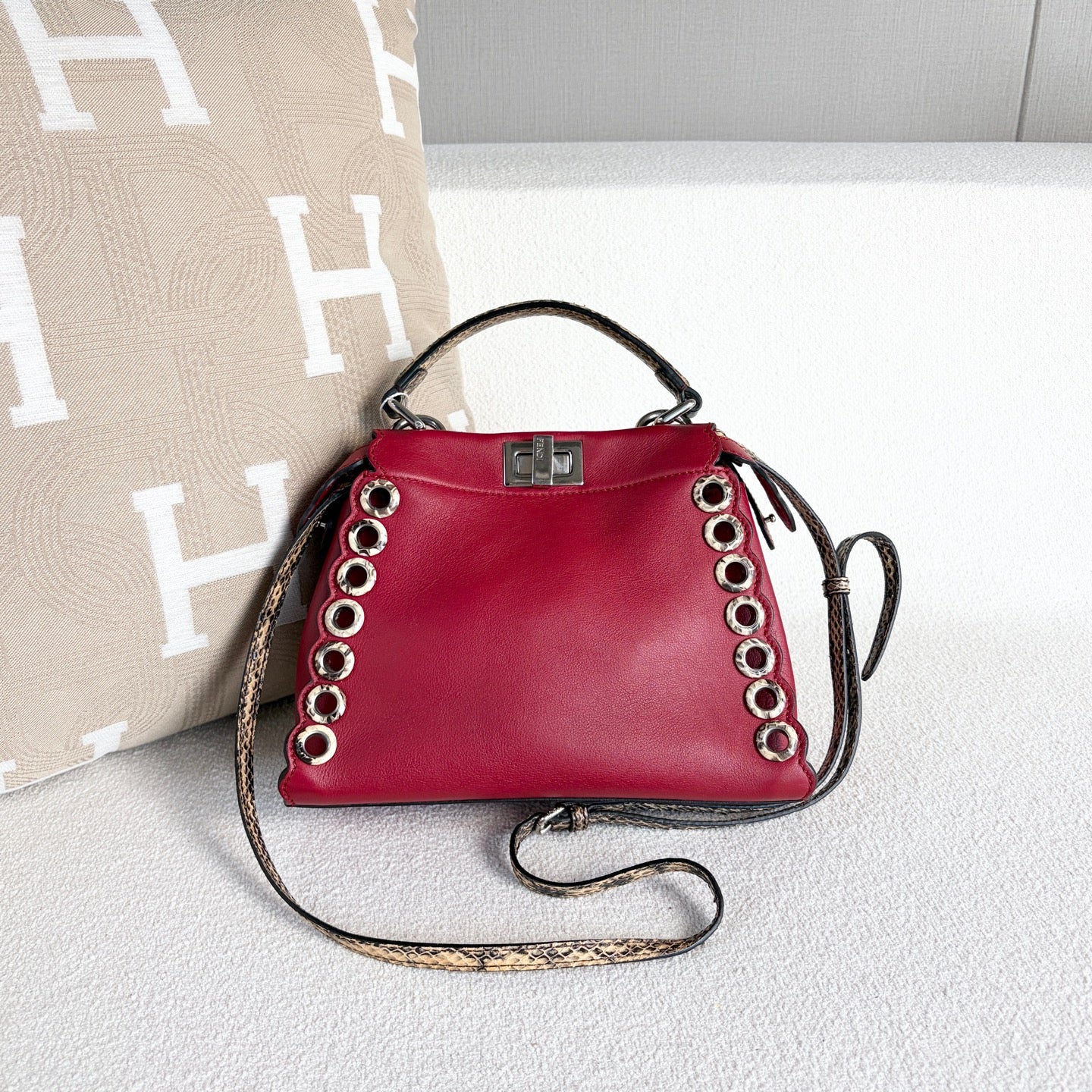 Fendi - Peekaboo - Leather and exotic snakeskin - Red with silver-tone hardware - (mini)
