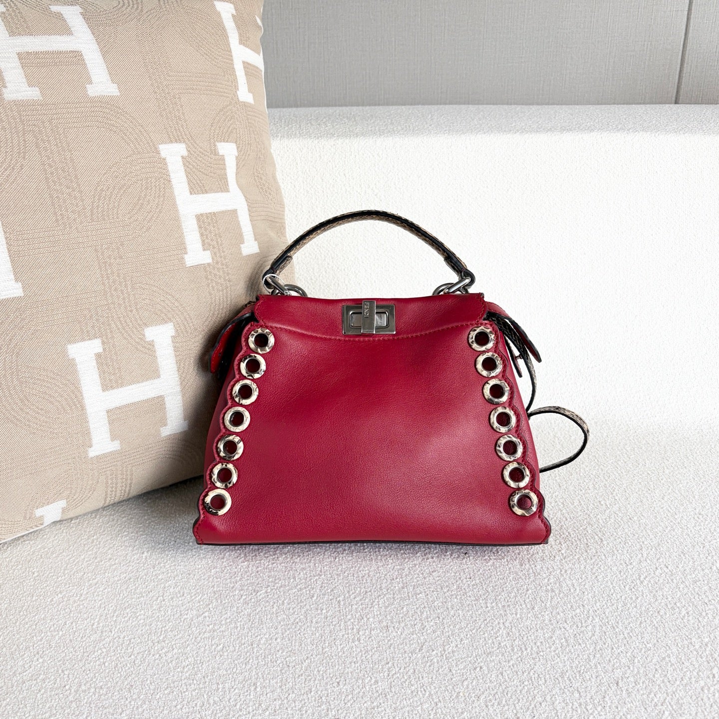 Fendi - Peekaboo - Leather and exotic snakeskin - Red with silver-tone hardware - (mini)