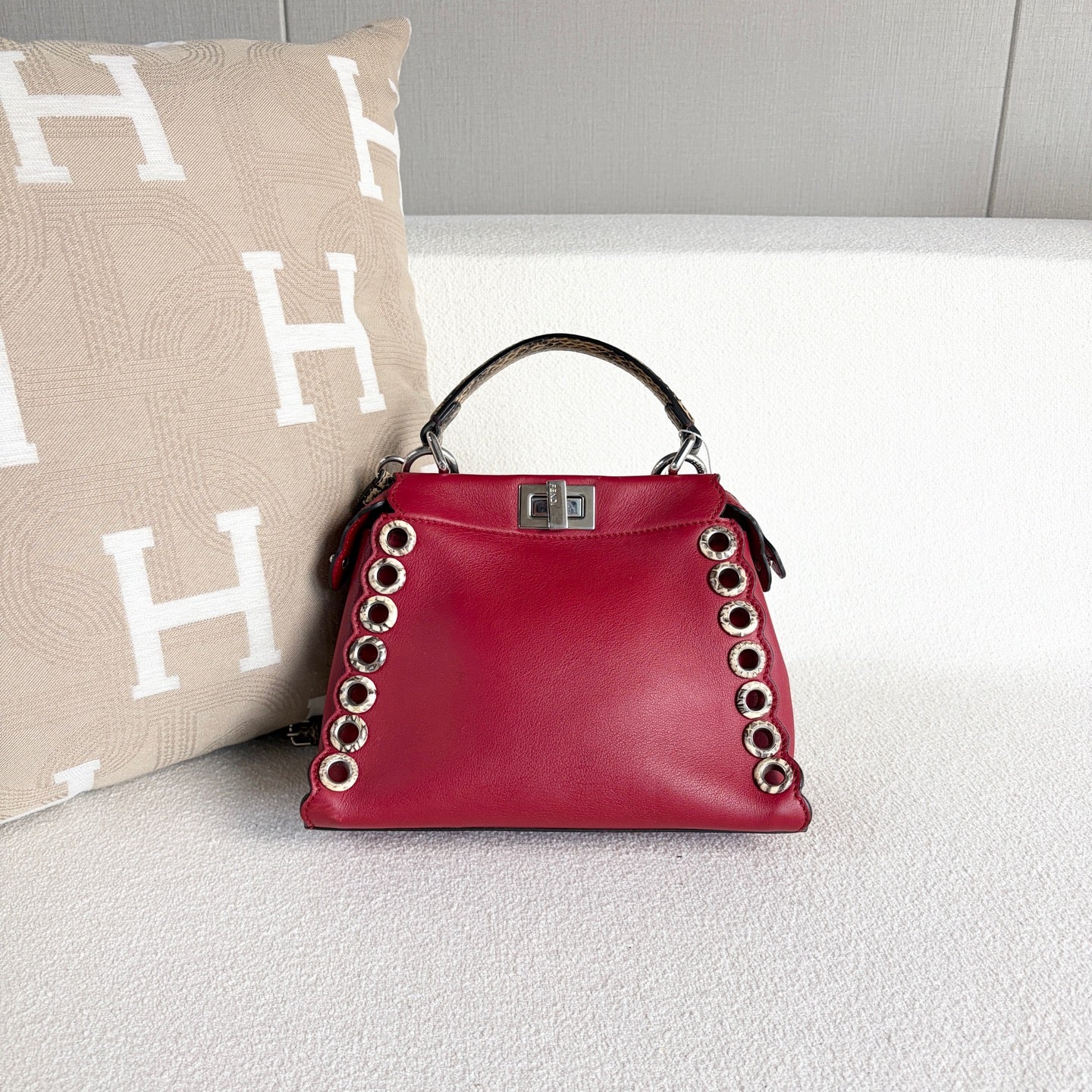 Fendi - Peekaboo - Leather and exotic snakeskin - Red with silver-tone hardware - (mini)