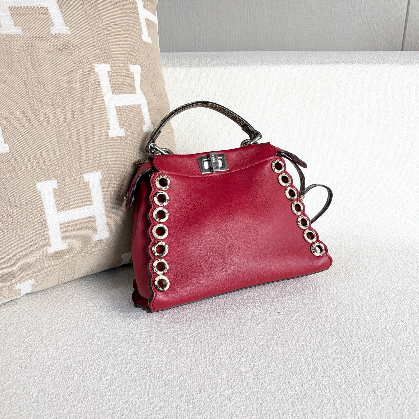 Fendi - Peekaboo - Leather and exotic snakeskin - Red with silver-tone hardware - (mini)