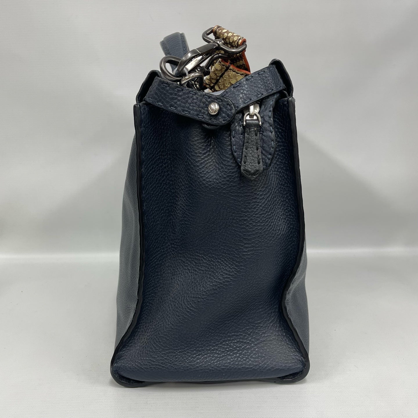 Fendi - Peekaboo - Pebbled leather with exotic python skin strap - Midnight Blue with Black trim and natural snakeskin tones on strap - (Large)