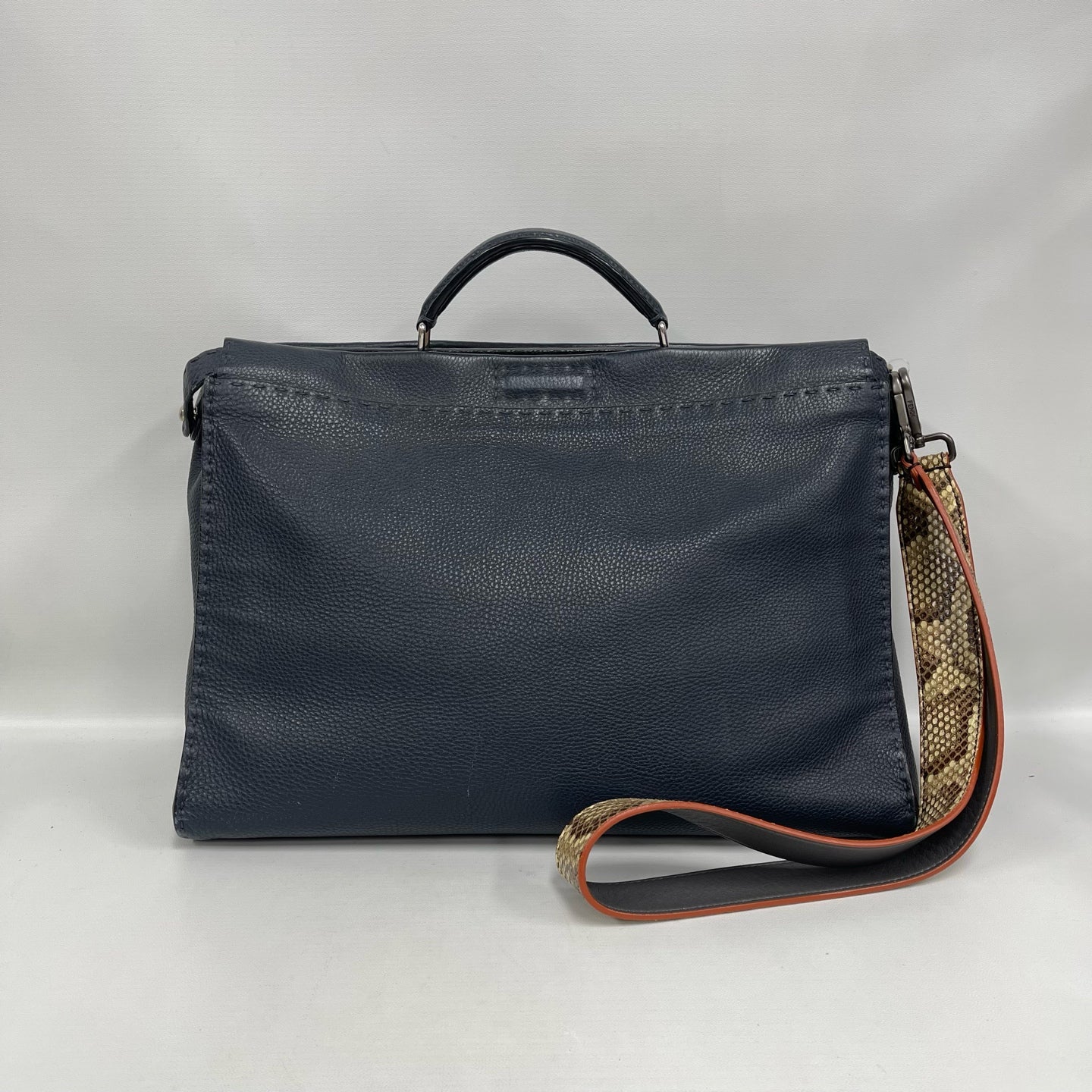 Fendi - Peekaboo - Pebbled leather with exotic python skin strap - Midnight Blue with Black trim and natural snakeskin tones on strap - (Large)