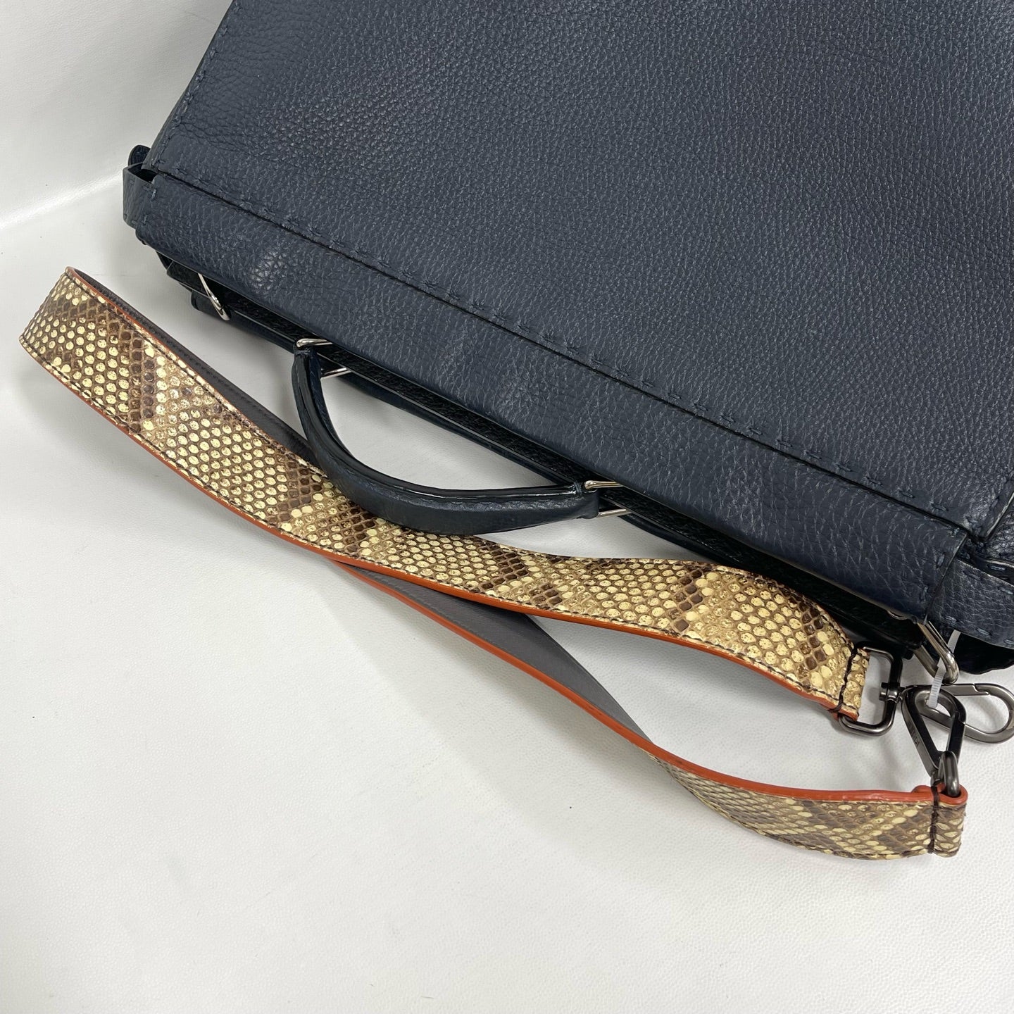 Fendi - Peekaboo - Pebbled leather with exotic python skin strap - Midnight Blue with Black trim and natural snakeskin tones on strap - (Large)