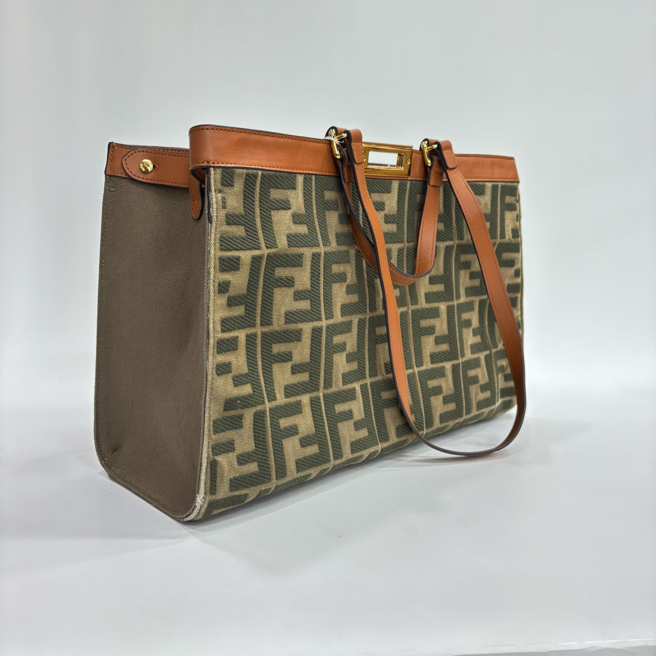 Fendi - Peekaboo X-Tote - FF Monogram canvas with tan leather trim - Khaki, Dark Green and Tan - (Large)