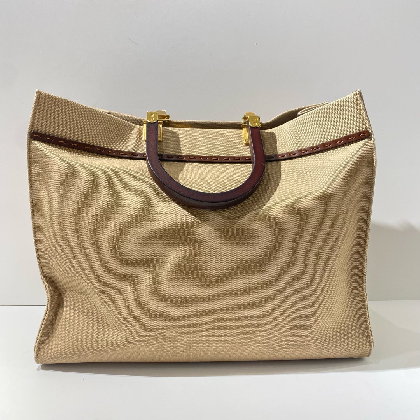 Fendi - Sunshine Tote Bag - Canvas and wood - Beige with Dark Brown Accents - (medium)