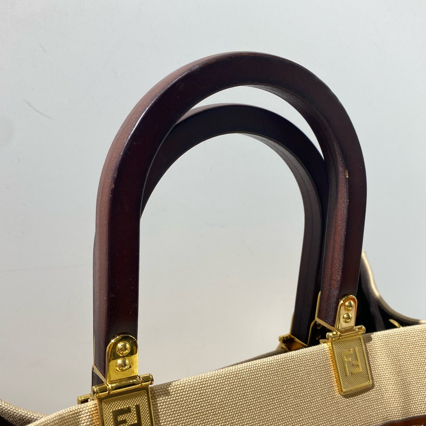Fendi - Sunshine Tote Bag - Canvas and wood - Beige with Dark Brown Accents - (medium)