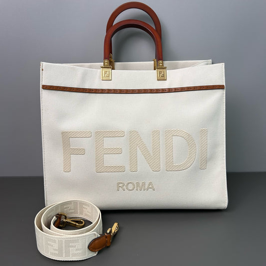Fendi - Sunshine Tote Bag - Canvas, Wood, Leather - Beige - (large)