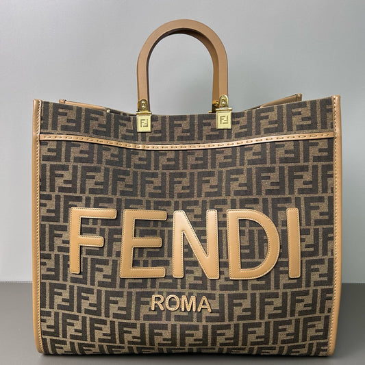 Fendi - Sunshine Tote Bag - FF Monogram Canvas with Tan Leather Trim - Brown - (Large)