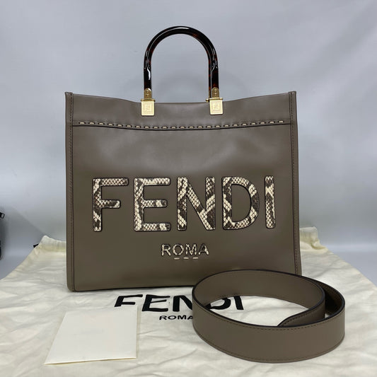 Fendi - Tote - Leather with exotic python detailing and resin handles - Beige with brown tortoise-shell handles - (Medium)