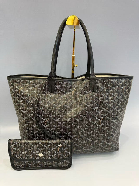 Goyard - St. Louis Tote - Goyardine canvas with leather trim - Black and brown (monogram) - (Medium)