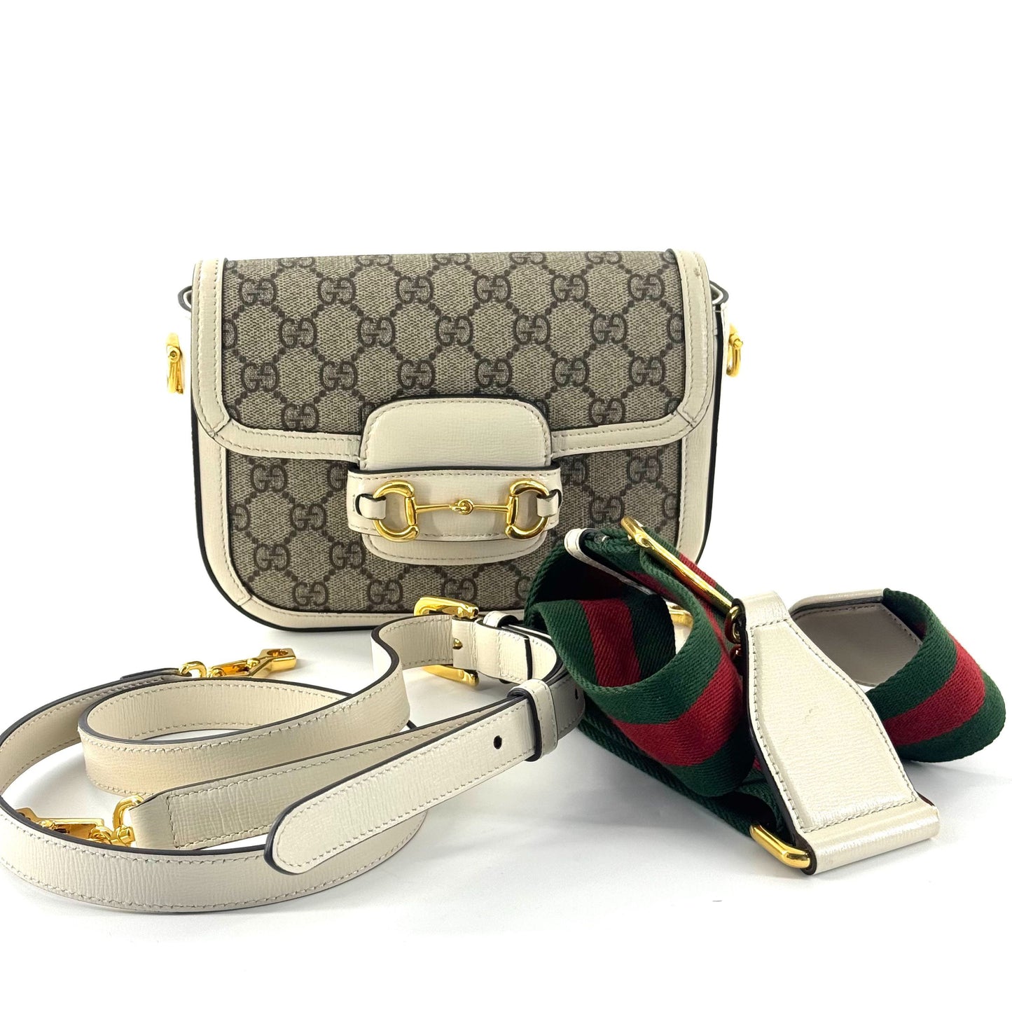 Gucci - 1955 Horsebit Mini Bag - GG Supreme canvas with leather trim - Beige and White with brown monogram, red and green accents - (mini)