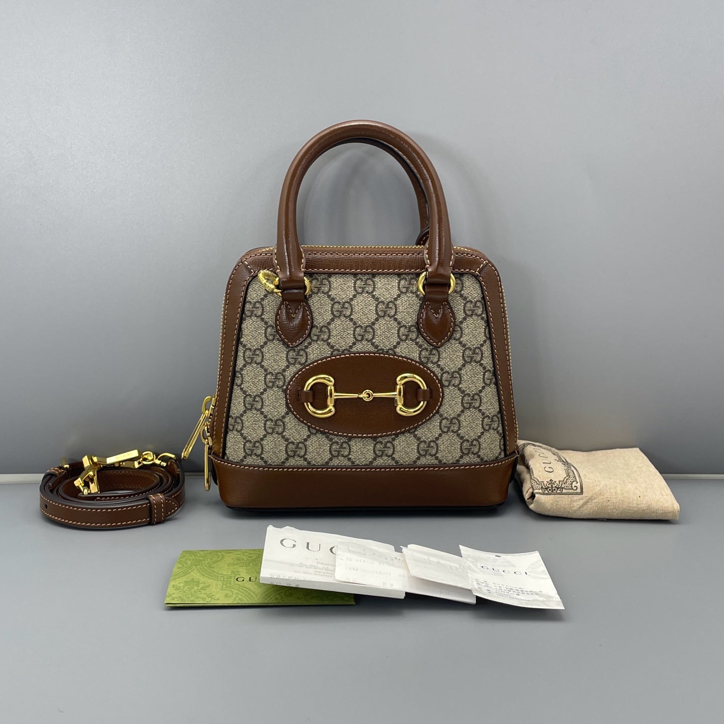 Gucci - 1955 Horsebit Mini Top Handle Bag - GG Supreme canvas with leather trim - Brown - (mini)