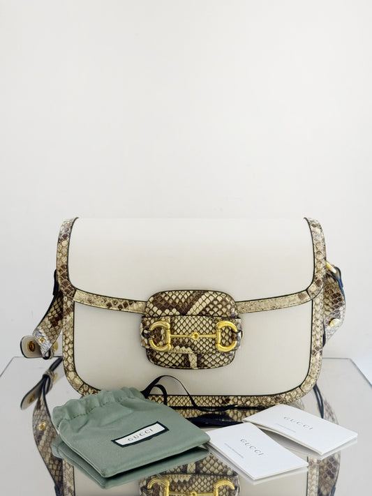 Gucci - 1955 Horsebit Saddle Bag - Leather and python snakeskin - White with natural snakeskin tones - (Medium)