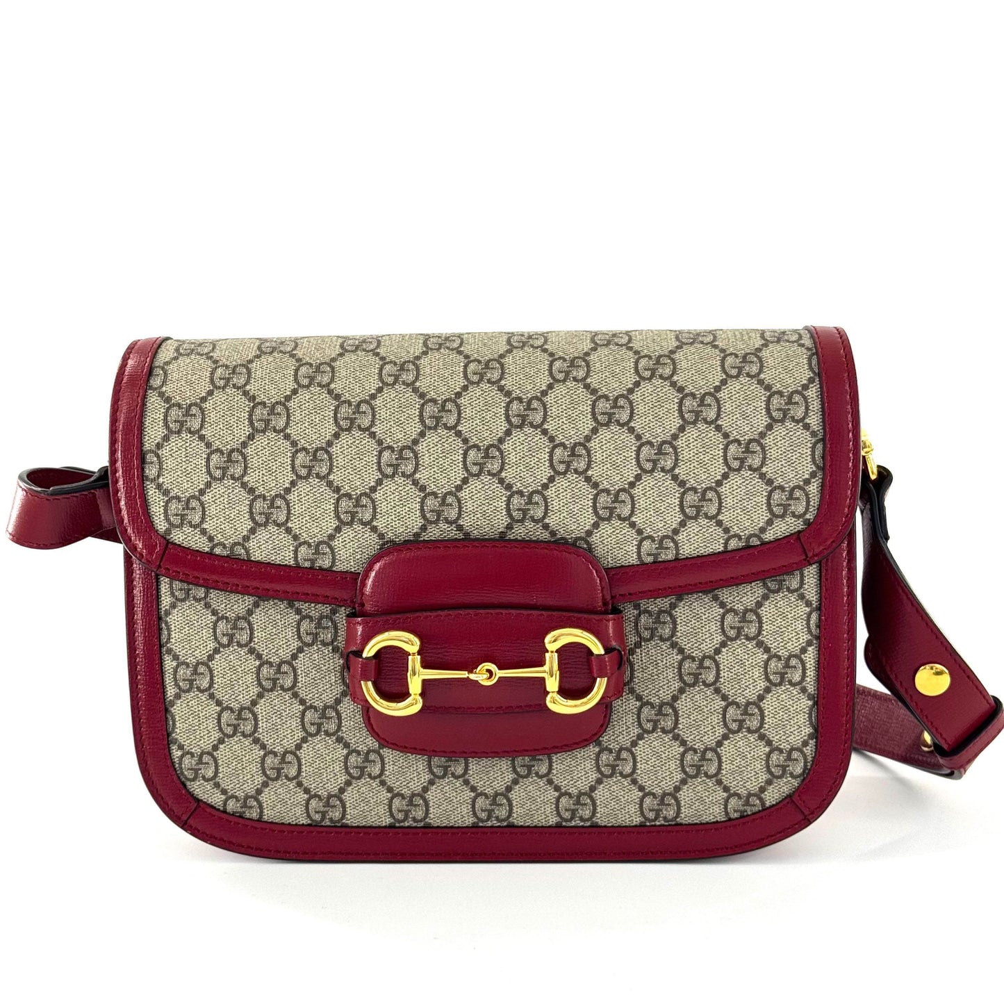 Gucci - 1955 Horsebit Shoulder Bag - GG Supreme coated canvas with leather trim - Beige/Ebony monogram with red accents - (medium)