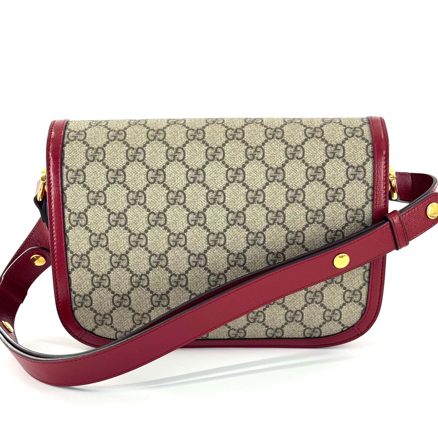 Gucci - 1955 Horsebit Shoulder Bag - GG Supreme coated canvas with leather trim - Beige/Ebony monogram with red accents - (medium)