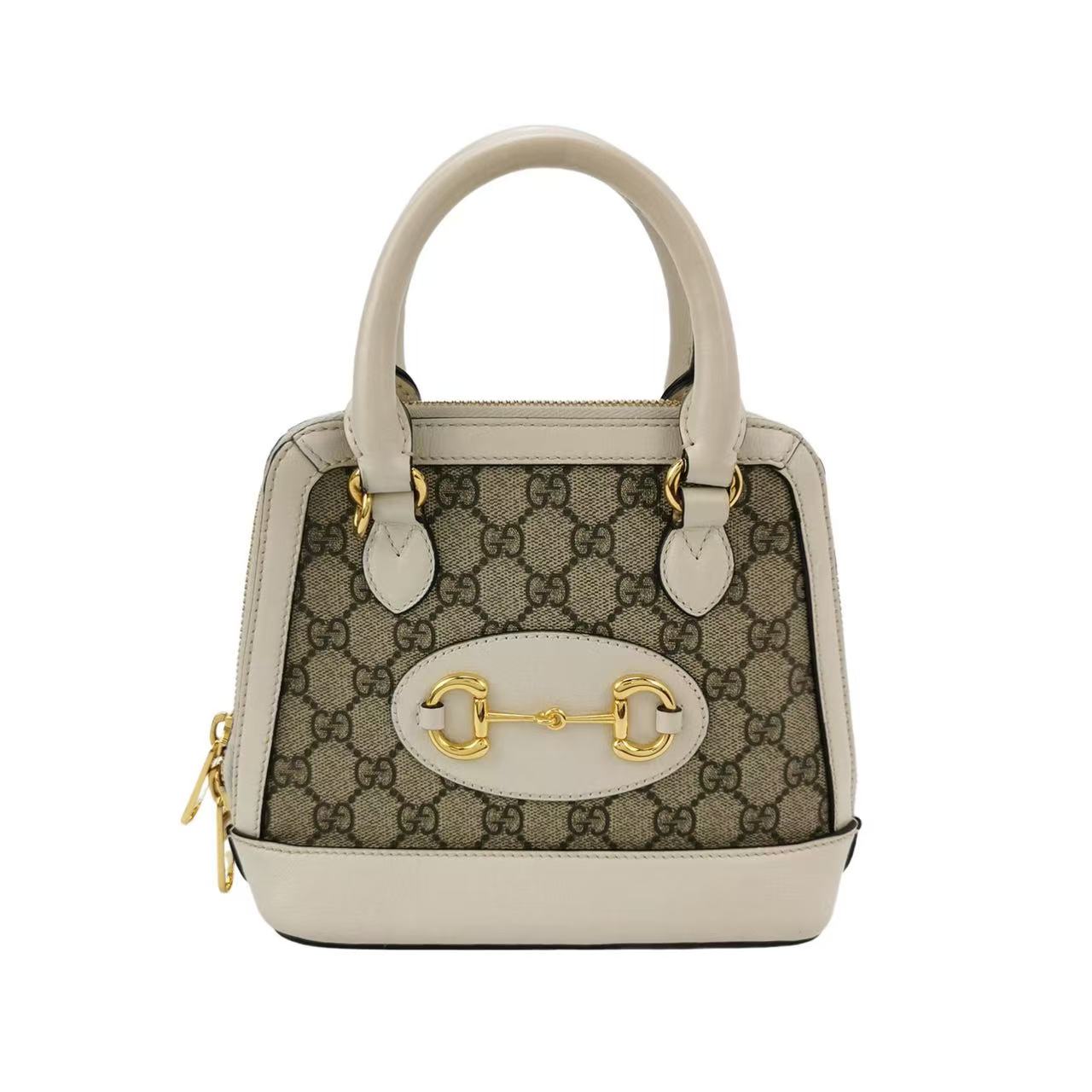 Gucci - 1955 Horsebit Top Handle Bag - GG Supreme canvas with leather trim - Beige and white with gold-tone hardware - (mini)