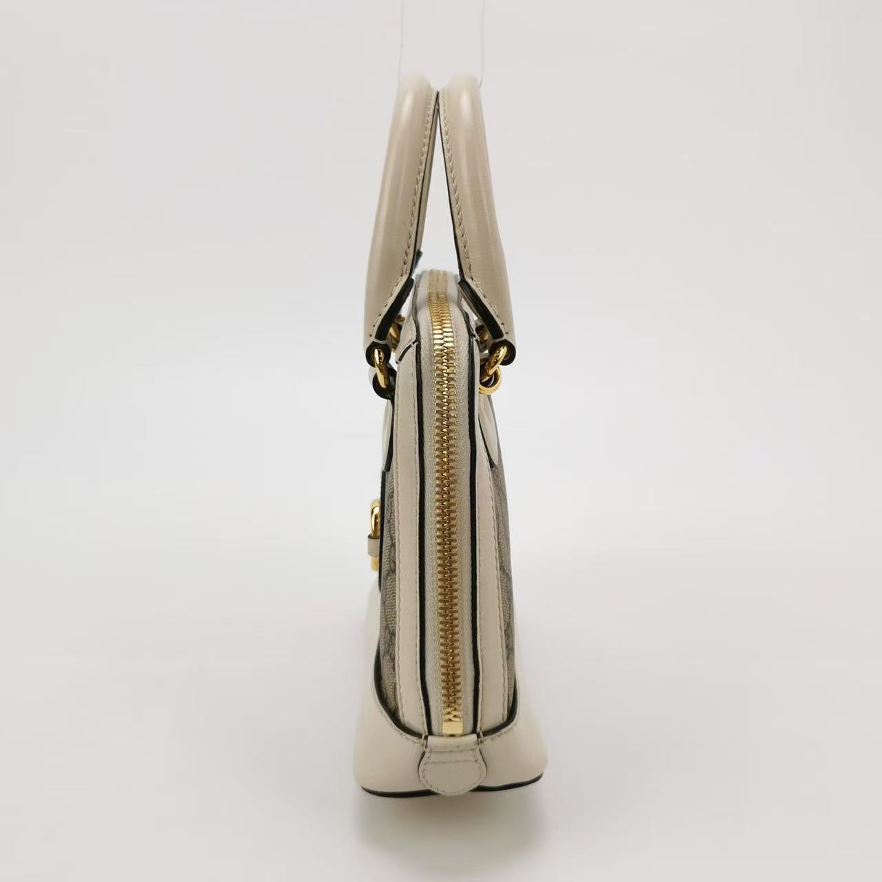 Gucci - 1955 Horsebit Top Handle Bag - GG Supreme canvas with leather trim - Beige and white with gold-tone hardware - (mini)