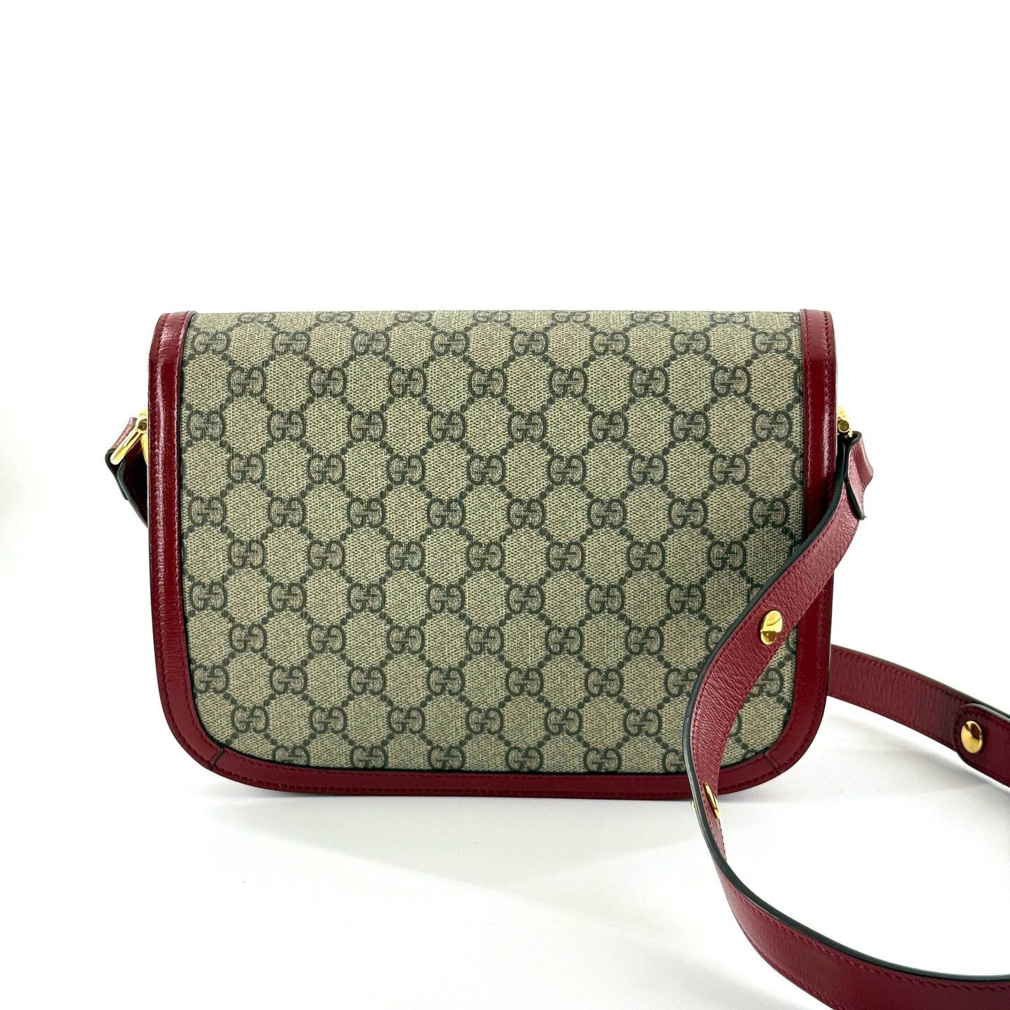 Gucci - 1955 Medium Horsebit Bag - GG Supreme canvas with patent leather trim - Beige and Red - (medium)