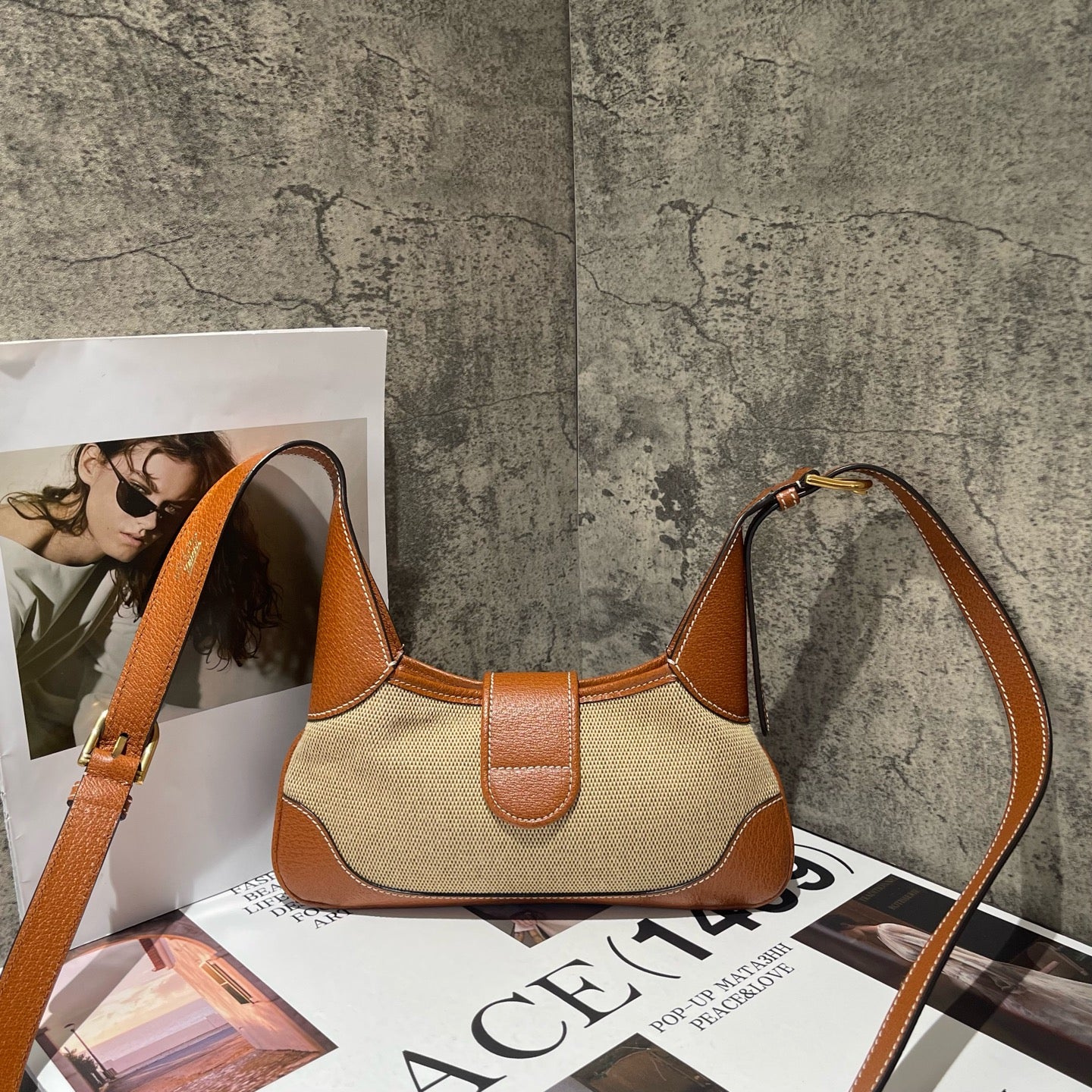 Gucci - Aphrodite Crescent Shoulder Bag - Textured leather and canvas - Brown and Beige - (small)