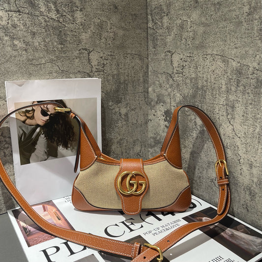 Gucci - Aphrodite Crescent Shoulder Bag - Textured leather and canvas - Brown and Beige - (small)