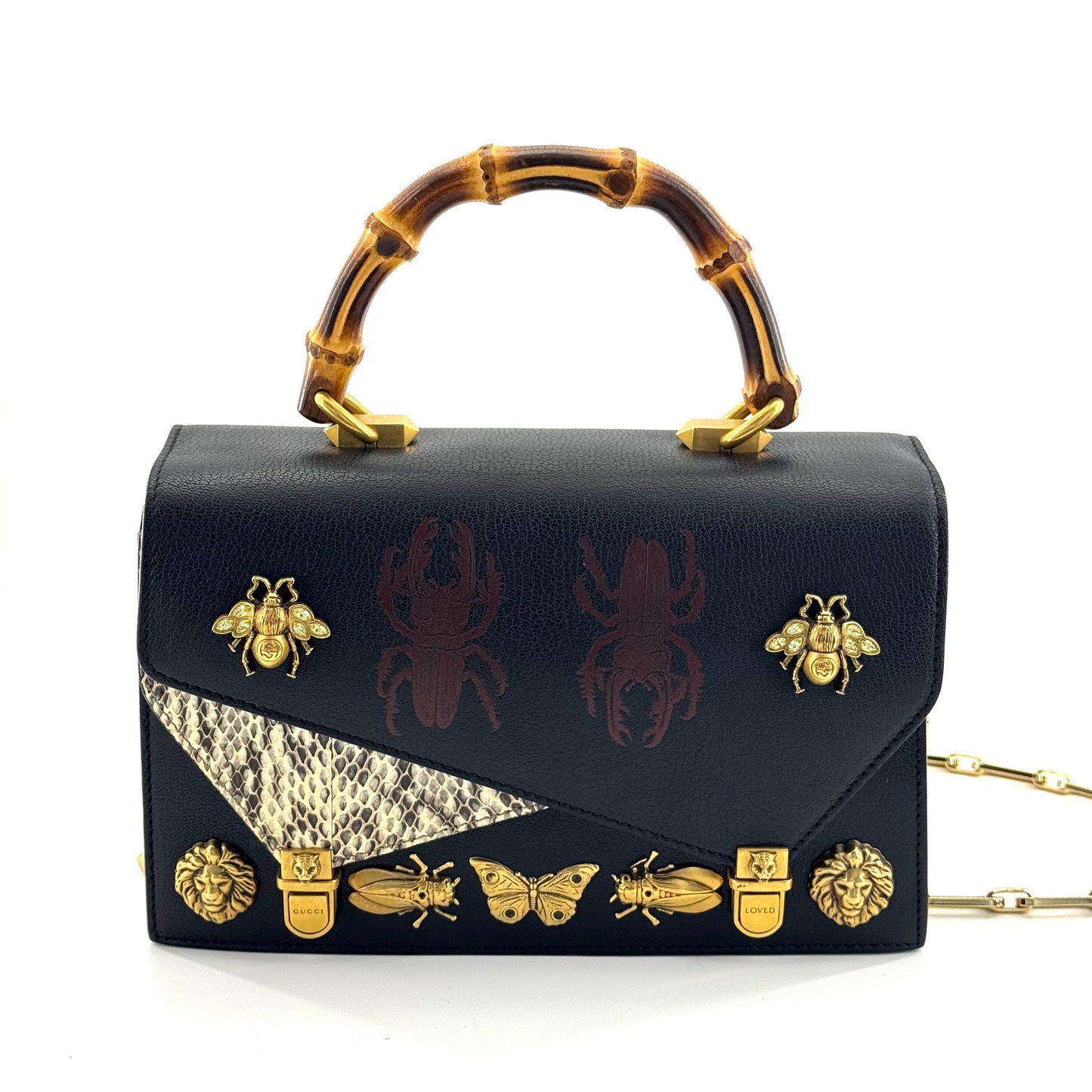 Gucci - Bamboo Handle Bag with Metal Animal and Insect Embellishments - Leather - Black