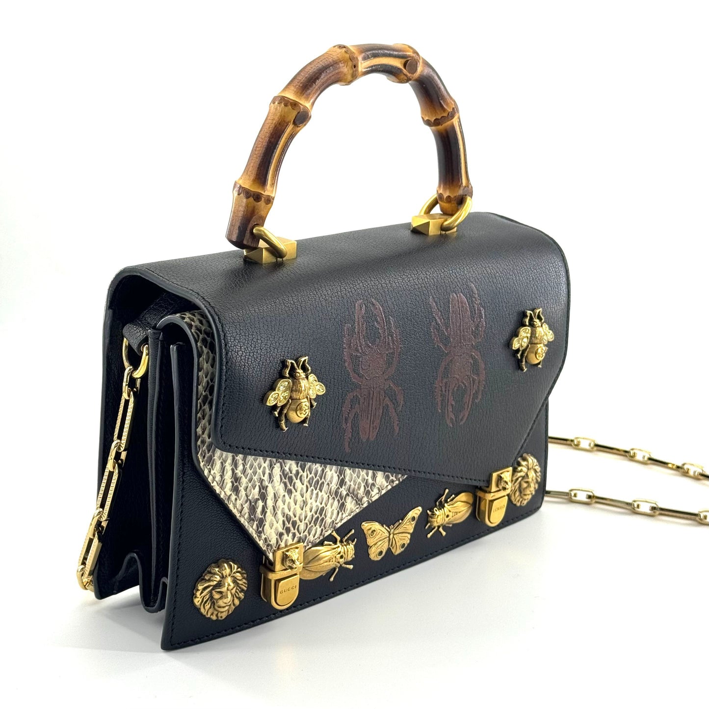 Gucci - Bamboo Handle Bag with Metal Animal and Insect Embellishments - Leather - Black