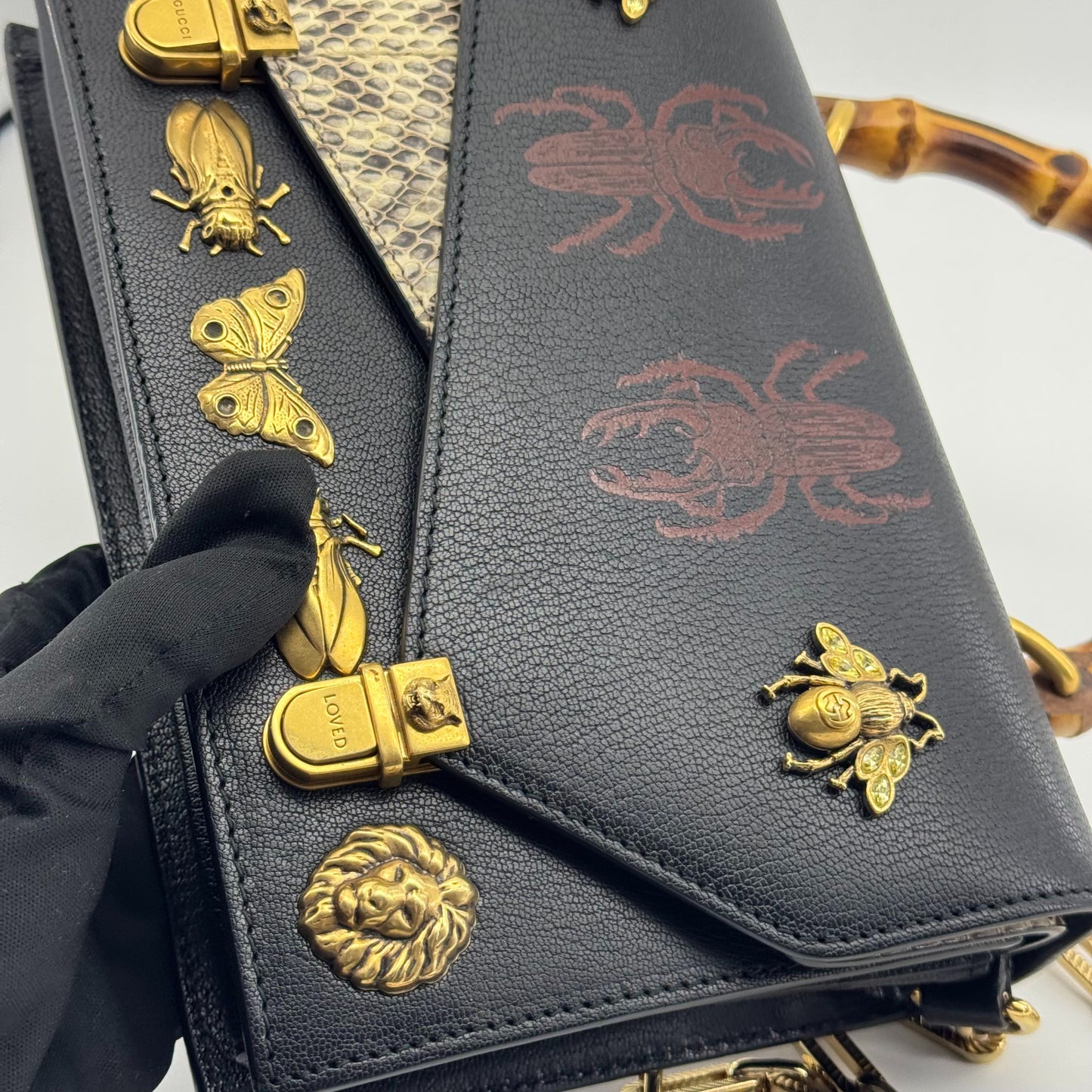 Gucci - Bamboo Handle Bag with Metal Animal and Insect Embellishments - Leather - Black
