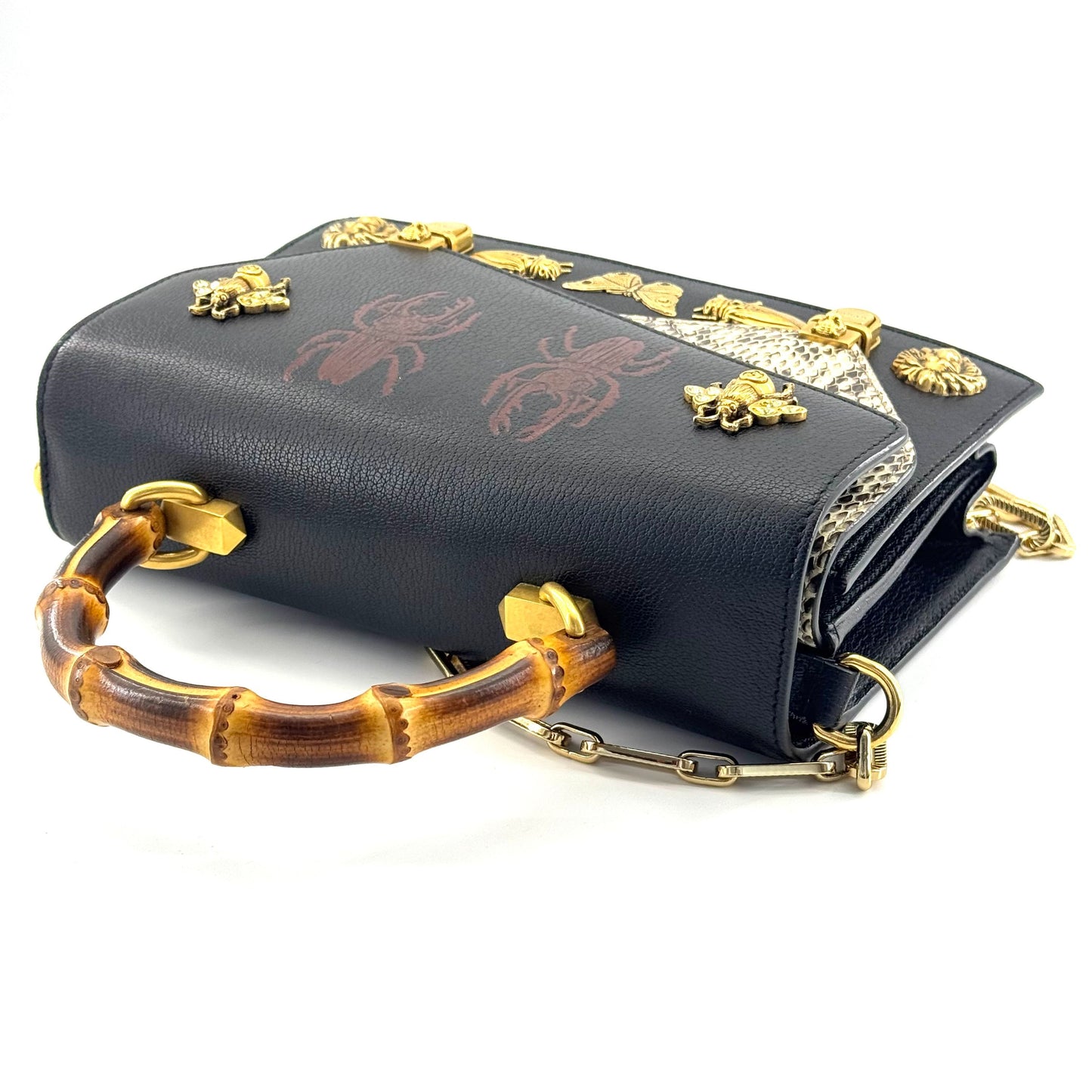 Gucci - Bamboo Handle Bag with Metal Animal and Insect Embellishments - Leather - Black