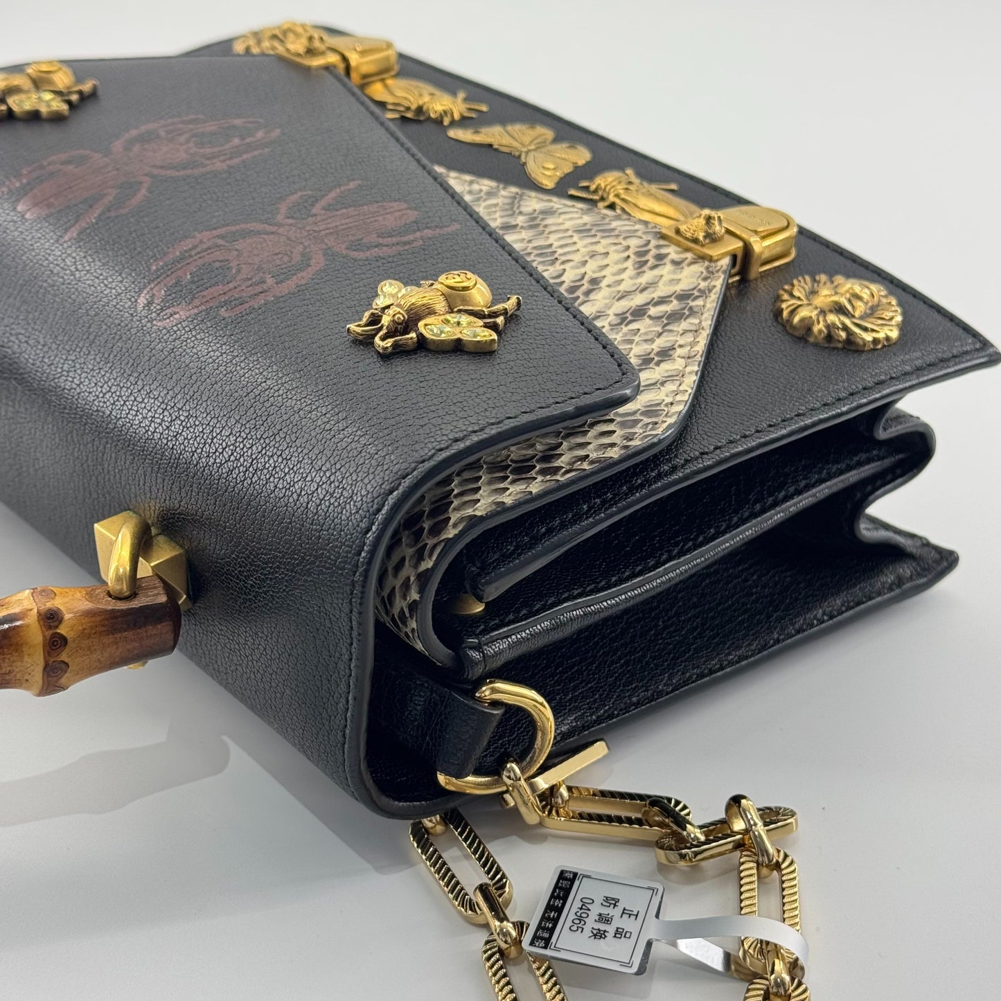 Gucci - Bamboo Handle Bag with Metal Animal and Insect Embellishments - Leather - Black
