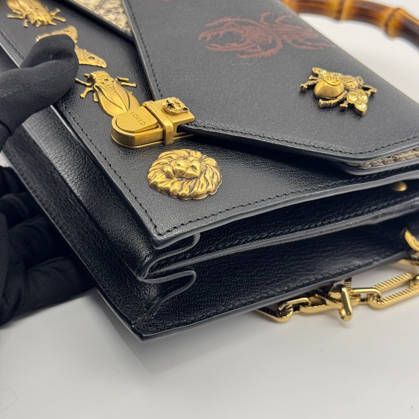 Gucci - Bamboo Handle Bag with Metal Animal and Insect Embellishments - Leather - Black