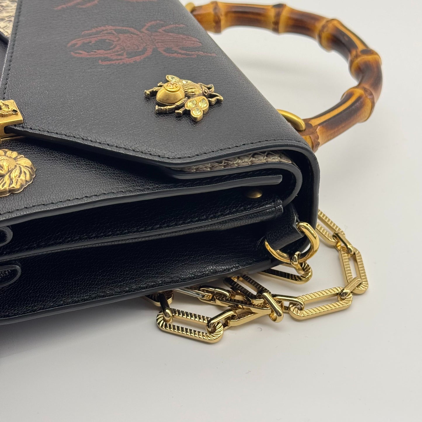 Gucci - Bamboo Handle Bag with Metal Animal and Insect Embellishments - Leather - Black