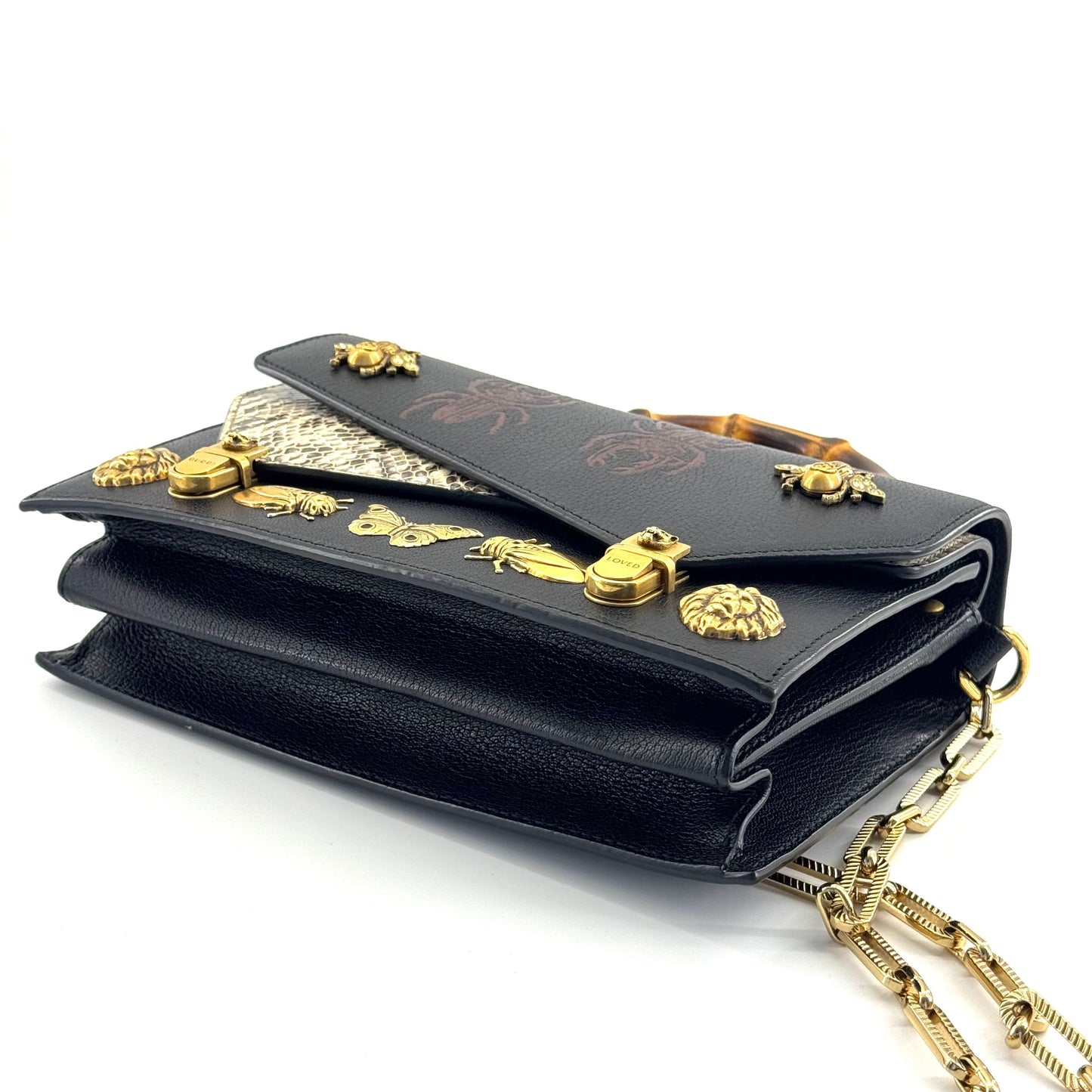 Gucci - Bamboo Handle Bag with Metal Animal and Insect Embellishments - Leather - Black