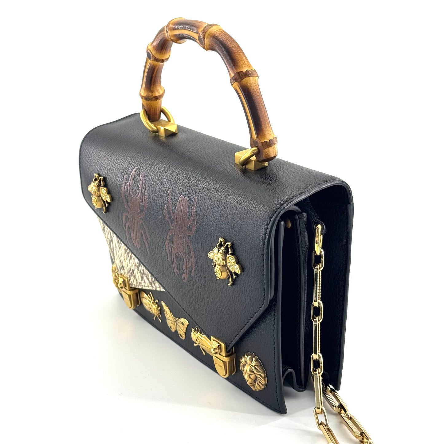 Gucci - Bamboo Handle Bag with Metal Animal and Insect Embellishments - Leather - Black
