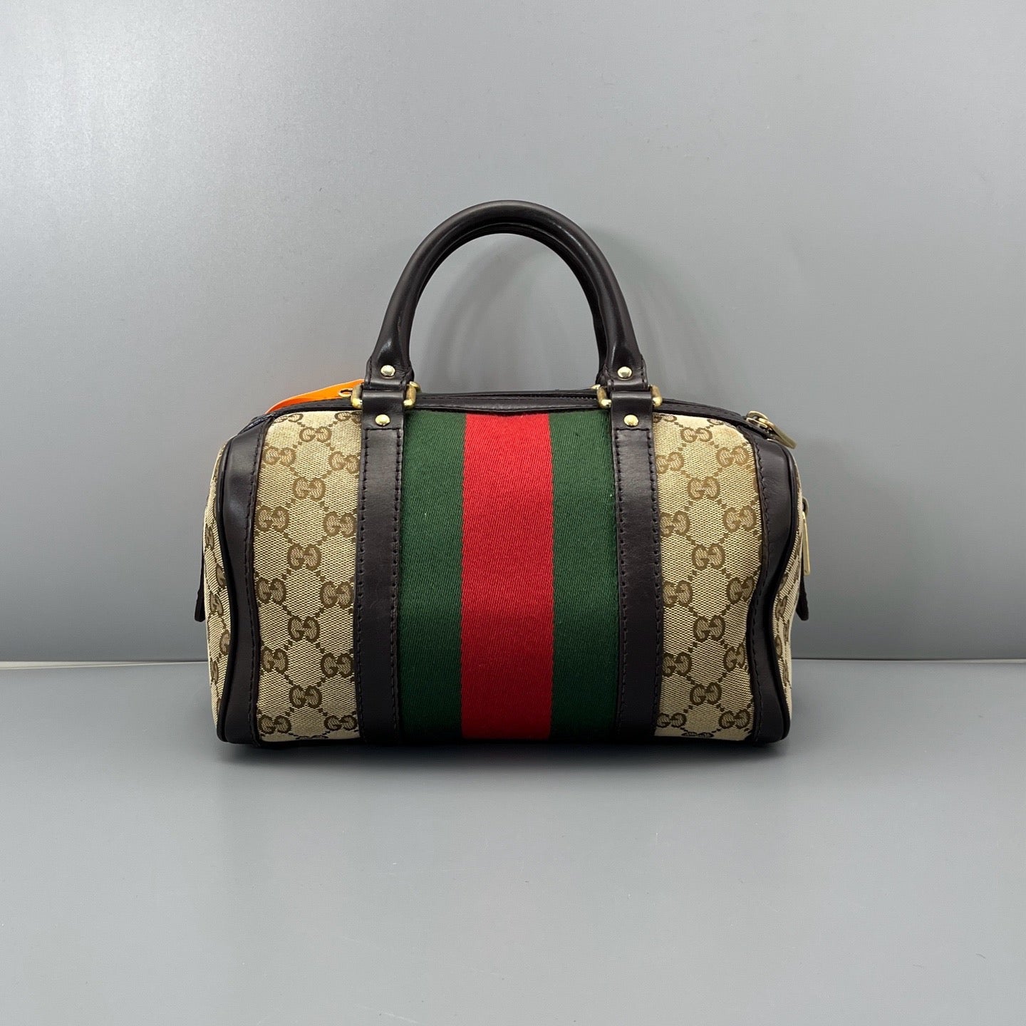 Gucci - Boston Bag - GG Monogram Canvas with Leather Trim and Web Stripe Fabric - Beige and Brown with Red and Green Stripe - (small)