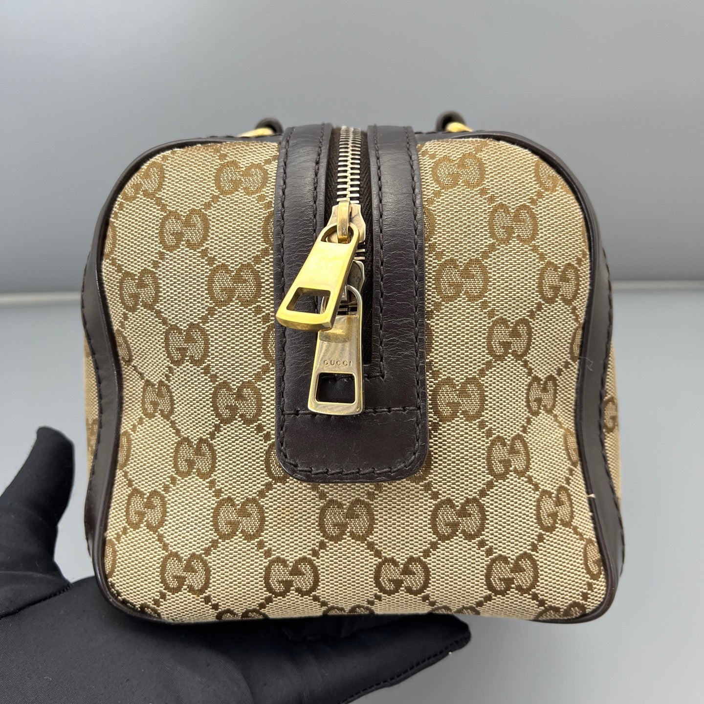 Gucci - Boston Bag - GG Monogram Canvas with Leather Trim and Web Stripe Fabric - Beige and Brown with Red and Green Stripe - (small)