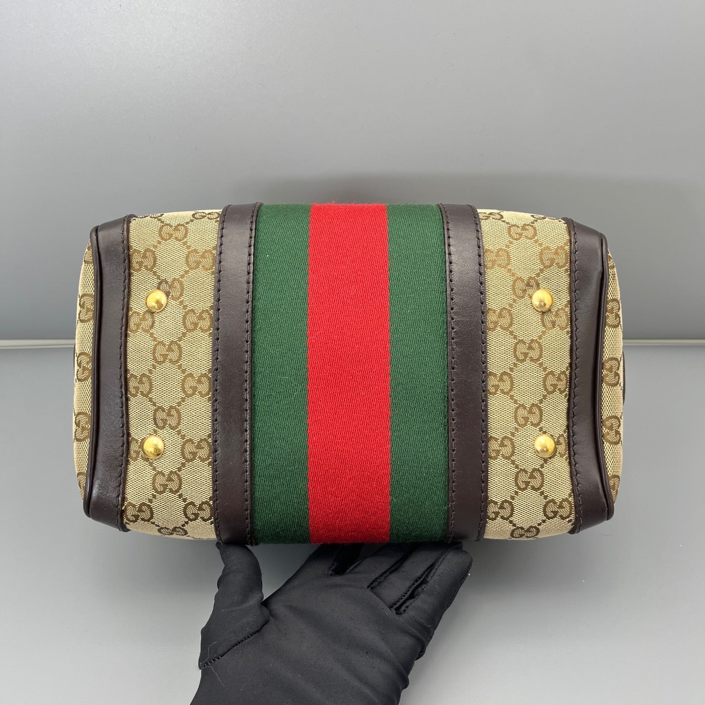 Gucci - Boston Bag - GG Monogram Canvas with Leather Trim and Web Stripe Fabric - Beige and Brown with Red and Green Stripe - (small)