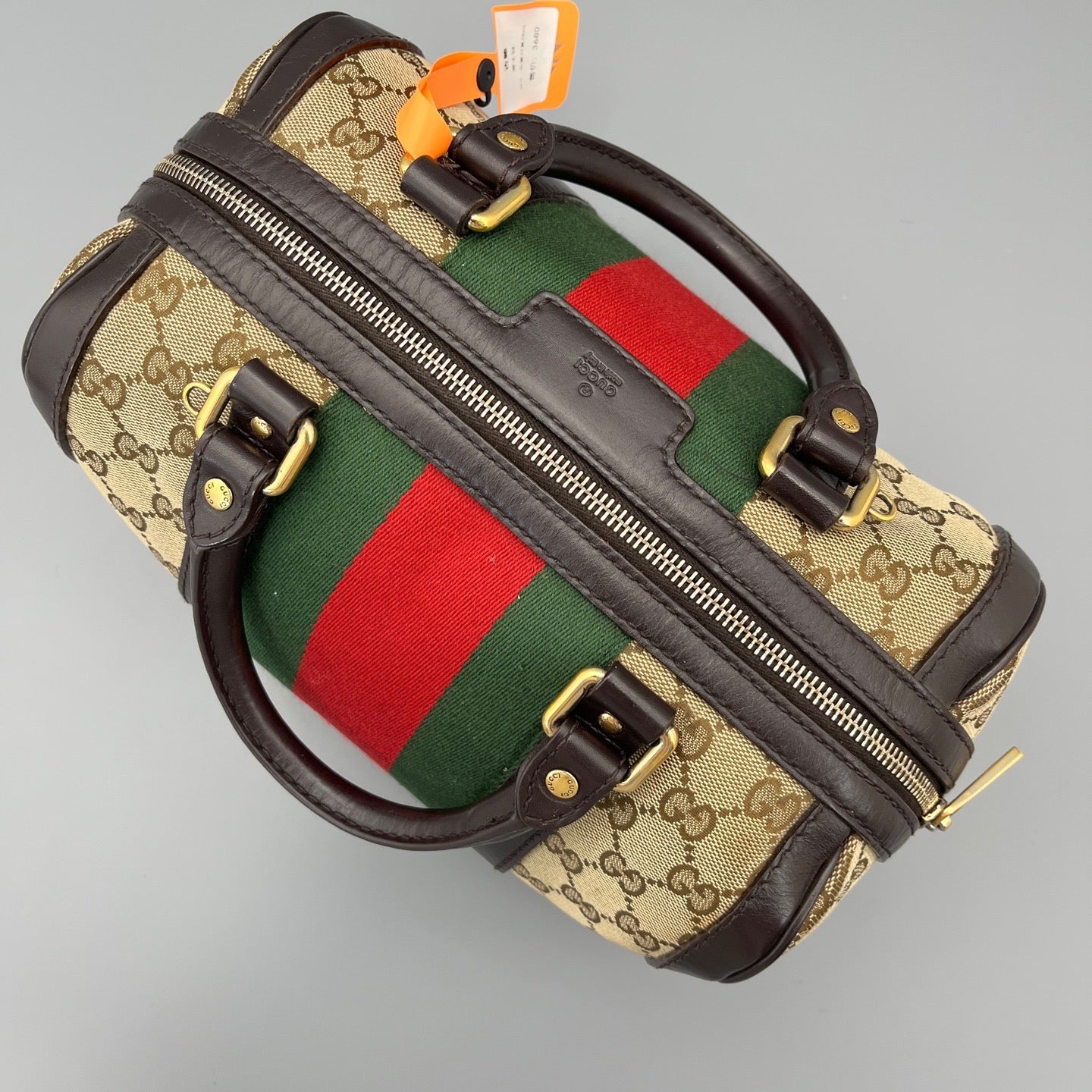 Gucci - Boston Bag - GG Monogram Canvas with Leather Trim and Web Stripe Fabric - Beige and Brown with Red and Green Stripe - (small)