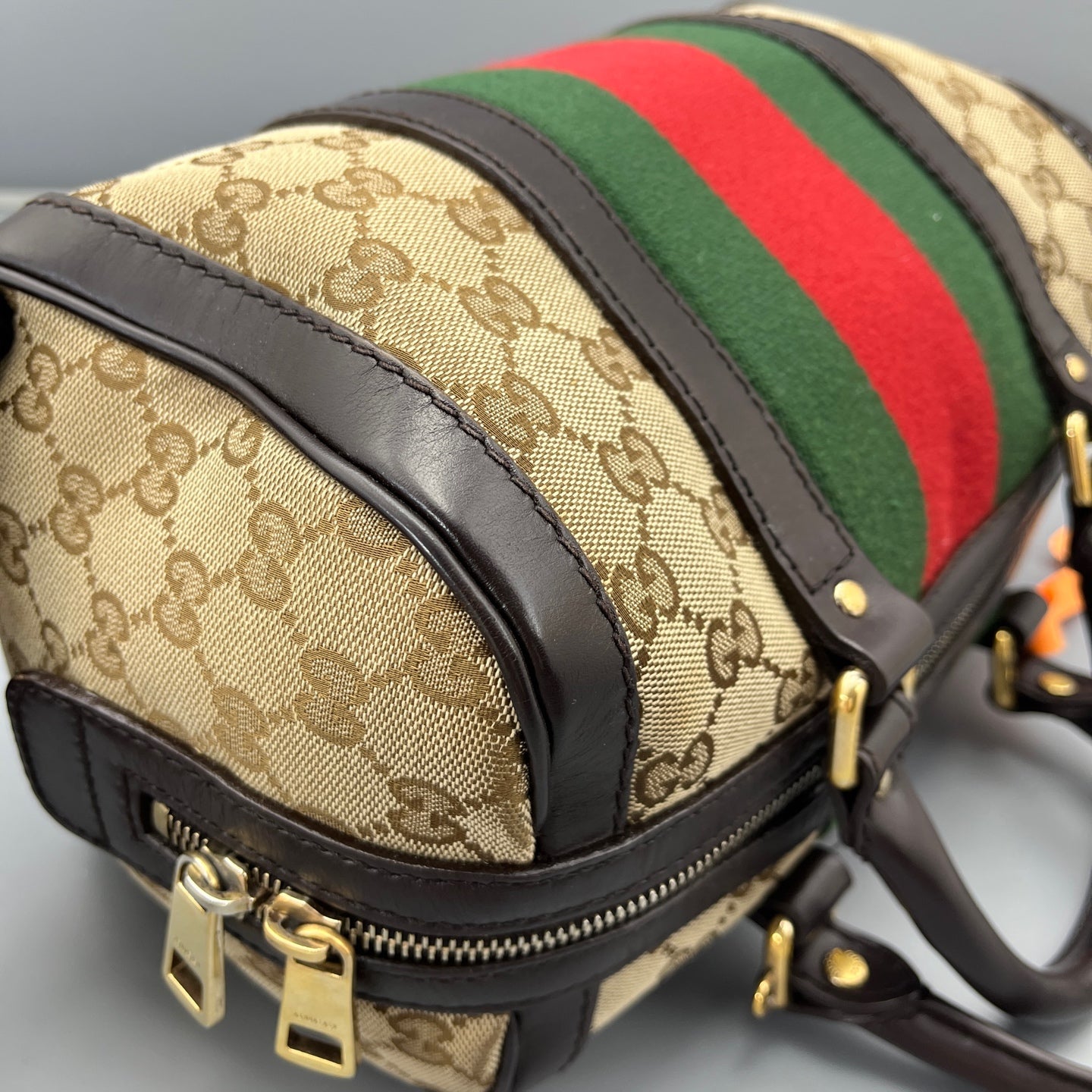 Gucci - Boston Bag - GG Monogram Canvas with Leather trim - Beige and Brown with Red and Green accents - (mini)