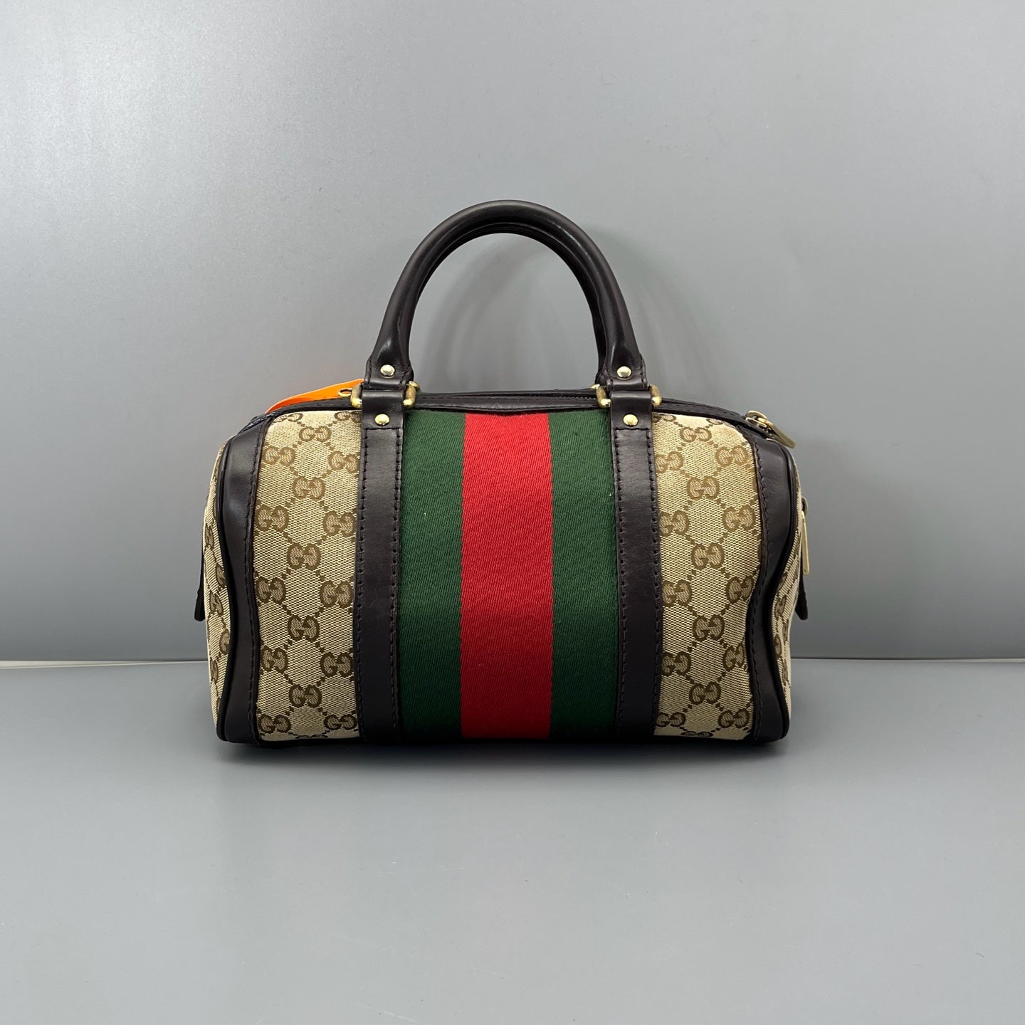 Gucci - Boston Bag - GG Monogram Canvas with Leather trim - Beige and Brown with Red and Green accents - (mini)