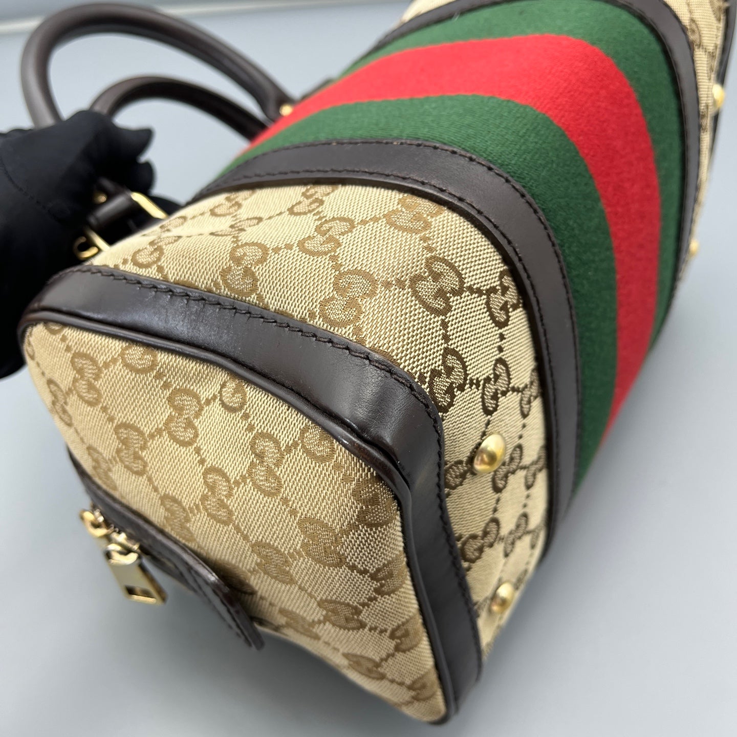 Gucci - Boston Bag - GG Monogram Canvas with Leather trim - Beige and Brown with Red and Green accents - (mini)