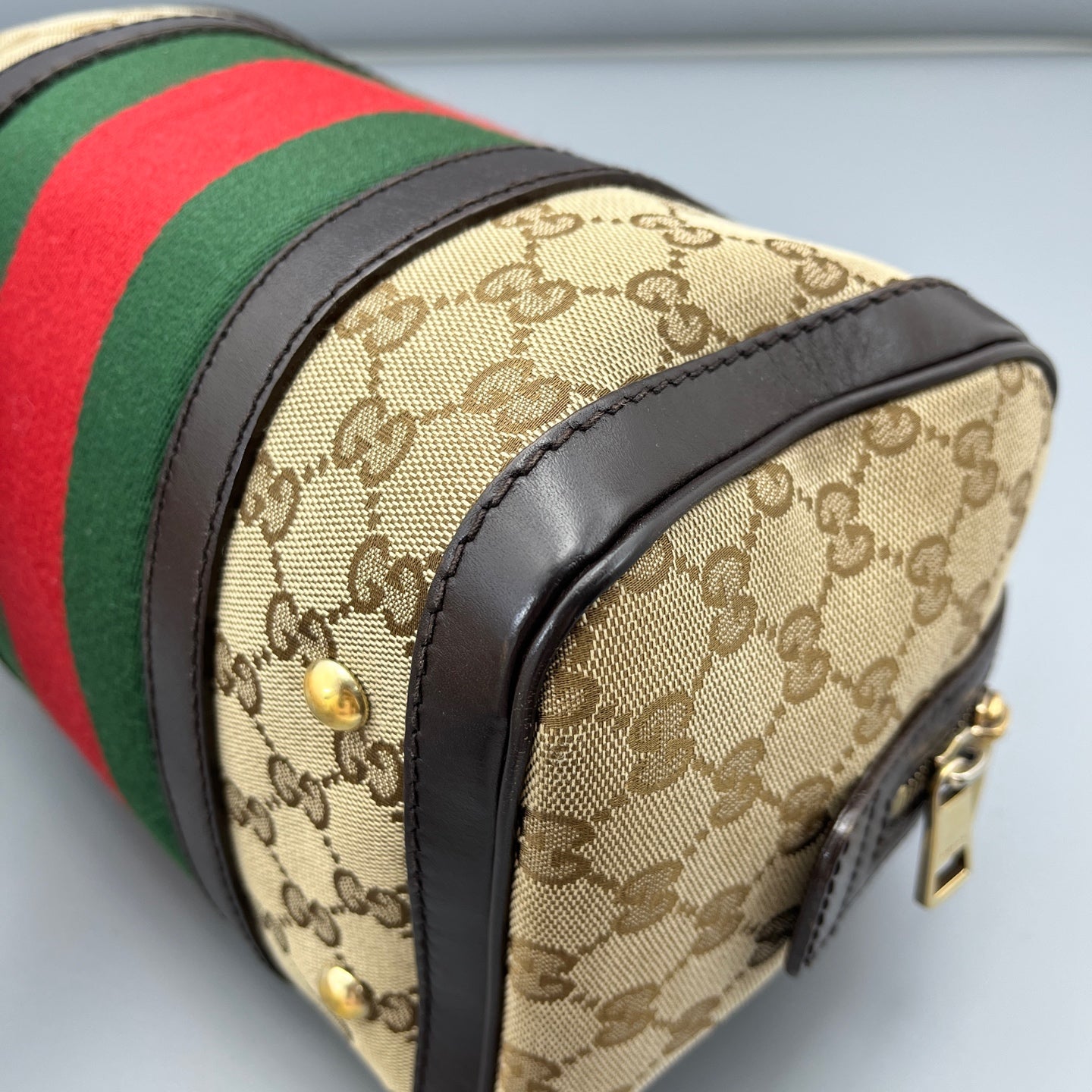 Gucci - Boston Bag - GG Monogram Canvas with Leather trim - Beige and Brown with Red and Green accents - (mini)